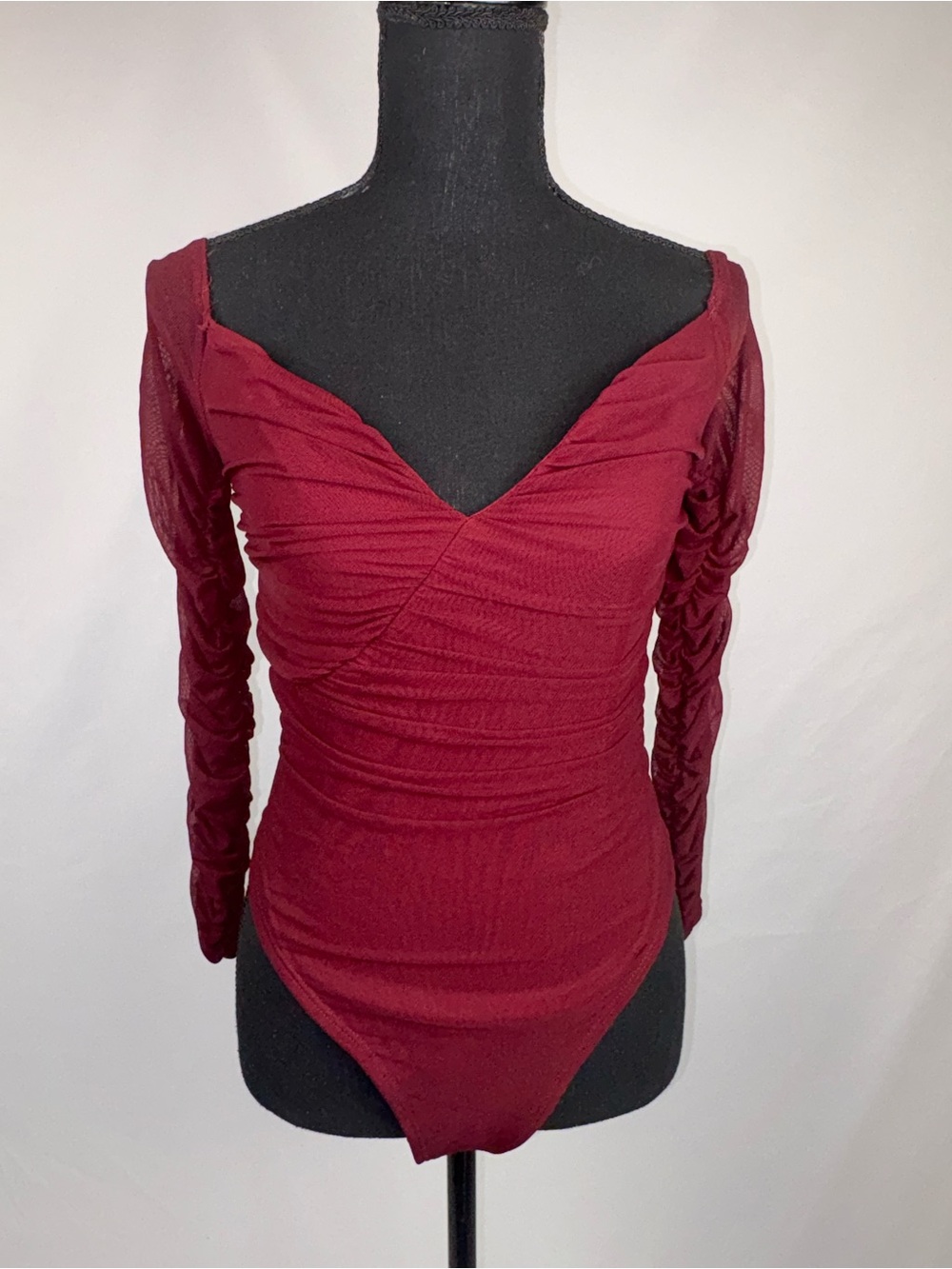Burgundy bodysuit Deep V-neck Ruched Sheer Long-Sleeve - Picture 2 of 10